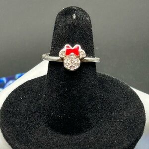 Disney Minnie Mouse Ring Rhinestone red bow silver tone size 5.5 adjustable #K26